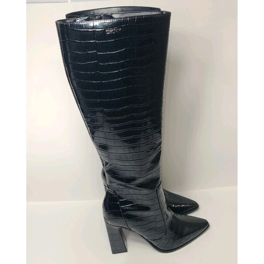 DKNY Knee High Boots Size 8M Black Croc Embossed Block Heel Charcoal Iridescent